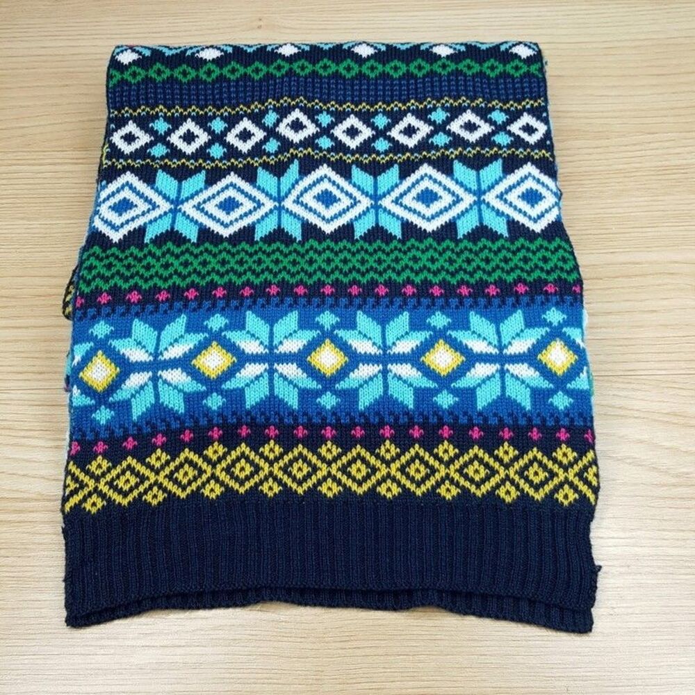 CLUB ROOM Mens Scarf Blue Green Chunky Knit Fair Isle Long Rectangle Winter 70x9